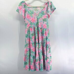 Lilly Pulitzer Kawai Dress Floral V-Neck Tiered Cotton Small